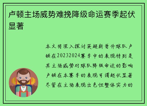卢顿主场威势难挽降级命运赛季起伏显著