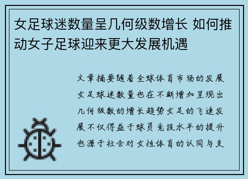 女足球迷数量呈几何级数增长 如何推动女子足球迎来更大发展机遇